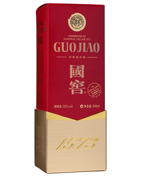 Guo Jiao liquor packaging box in deep red with gold lettering and a beige lower section, shown on a plain white background.
