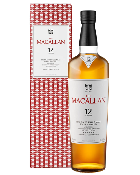 A bottle of The Macallan 12 Years Old Highland and Single Malt Scotch Whisky next to its red and white patterned packaging box, shown on a clean white background.