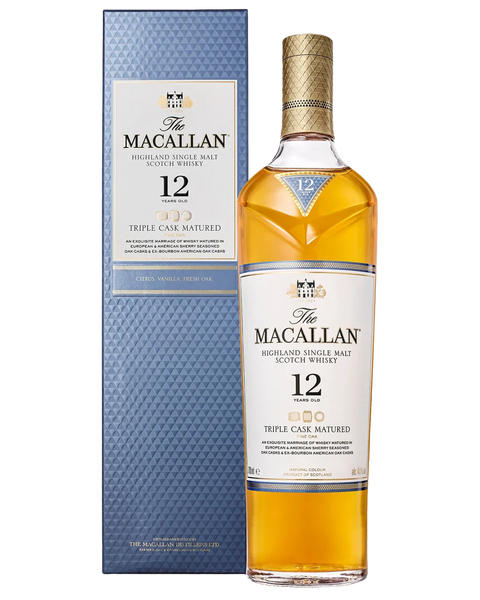 A bottle of The Macallan 12 Year Old Highland Single Malt Scotch Whisky next to its blue textured packaging box, shown on a clean white background.