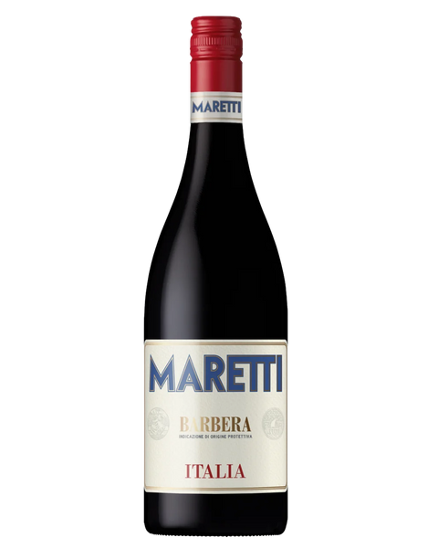 A bottle of Maretti Barbera Italia red wine, featuring a dark glass bottle with a cream-colored label and a red screw cap, isolated on a white background.