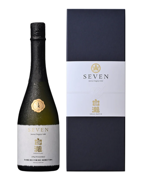 Bottle and presentation box of Shirataki Seven Junmai Daiginjo Japanese sake