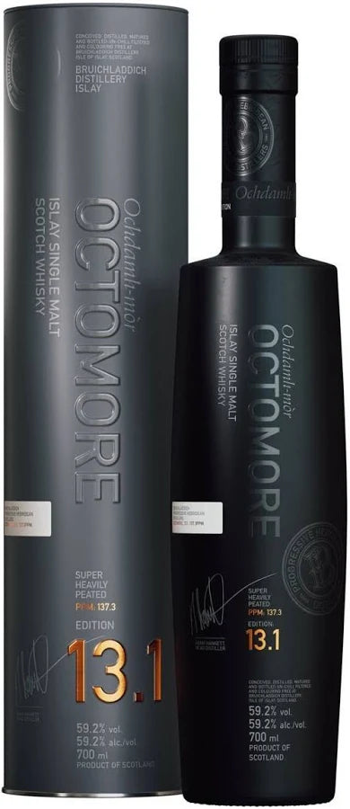 Bottle of Bruichladdich Octomore Edition 13.1 heavily peated Islay single malt Scotch whisky