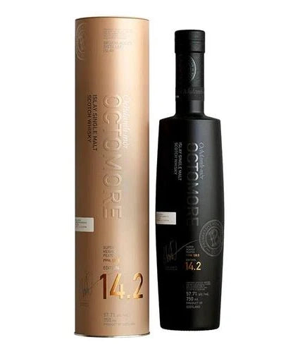 Bottle of Bruichladdich Octomore 14.2 Cask Strength heavily peated Islay single malt Scotch whisky