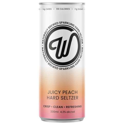 Wayward Seltzer Juicy Peach Hard Seltzer. Refreshing drink with peach flavour