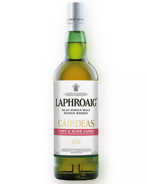 A bottle of Laphroaig Cairdeas 1815 Port & Wine Cask whisky on a clean white background.