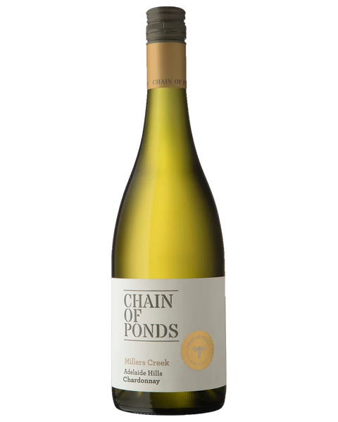 A bottle of Chain ofponds Millers Creek 2025 wine Chardonnay, featuring an olive green glass bottle, a black screw cap, and a white label with black text and a gold accent.