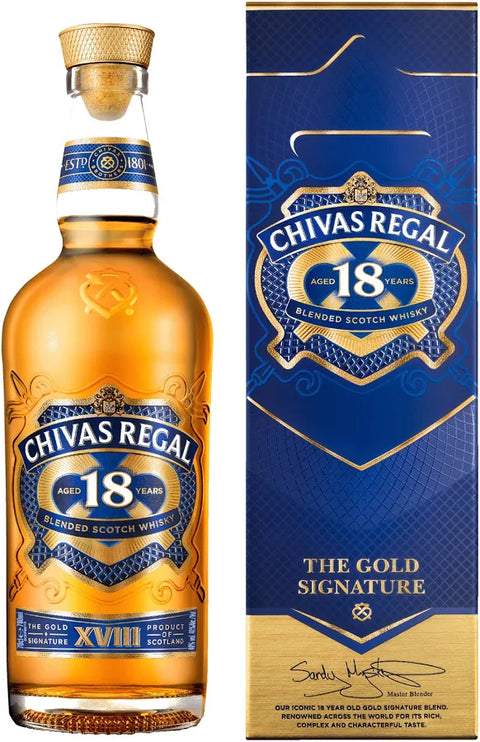 A bottle of Chivas Regal 18 Years Old Blended Scotch Whisky next to its blue and gold packaging box, shown on a plain white background.