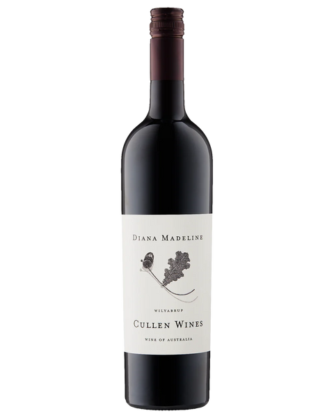 A bottle of Cullen Wines Diana Madeline Wiltsberg red wine, featuring a dark glass bottle with a cream-colored label and a dark brown foil top, set against a plain white background.