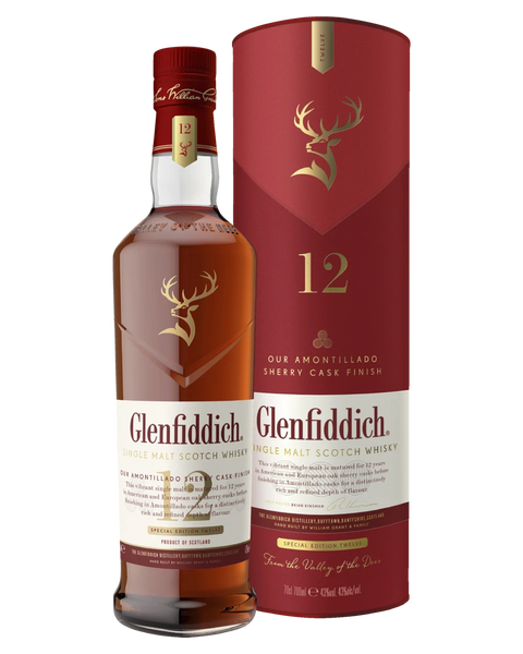 A bottle of Glenfiddich 12 Year Old Single Malt Scotch Whisky stands next to its tall red cylindrical packaging box on a plain white background. Both the bottle label and the box feature a gold stag logo and the number 12.