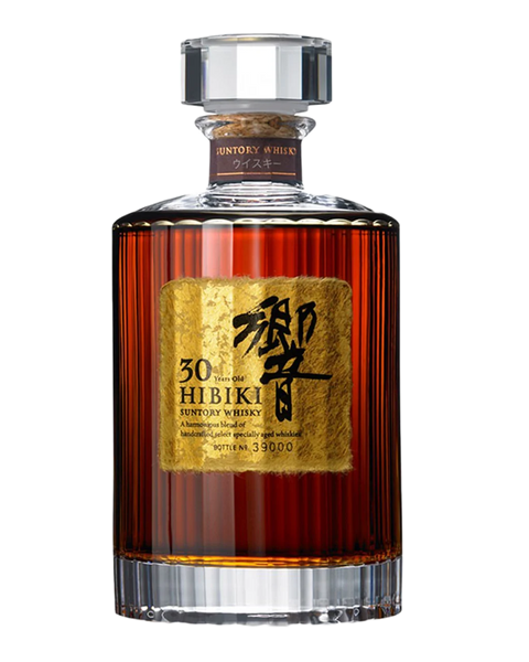 A bottle of Hibiki 30 Year Old Suntory Whisky with amber-brown liquid, a gold label with black calligraphy, and a clear faceted cap, shown on a white background.