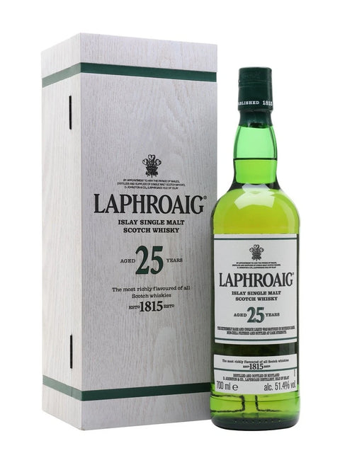 Laphroaig 25-year-old Islay single malt Scotch whisky bottle and box on a white background