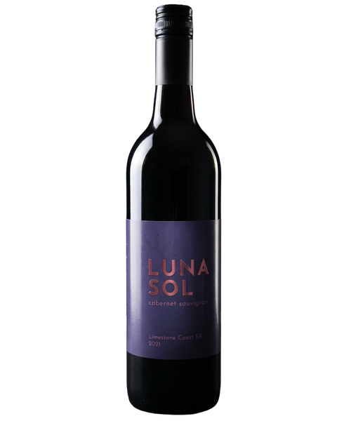 A bottle of Luna Sol Cabernet Sauvignon red wine, featuring a dark purple label with rose gold lettering and a black bottle with a silver screw cap.