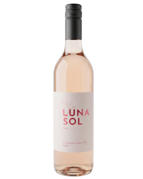 A bottle of Luna Sol Rose wine with pale pink liquid, a white label with pink lettering, and a black screw cap, shown against a plain white background