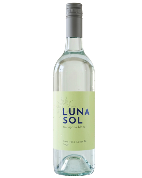 A bottle of Luna Sol Sauvignon Blanc wine with a pale green label and a gray screw cap, shown against a white background.
