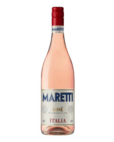 A bottle of Maretti Rosé wine, showing the pale pink liquid inside a clear glass bottle with a red screw cap and a white label featuring the blue and red Maretti brand name.