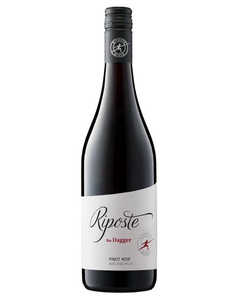 A bottle of Riposte 'the Dagger' Pinot Noir Red Wine from Angus Mills, featuring a white label with elegant black and red script, set against a plain white background.