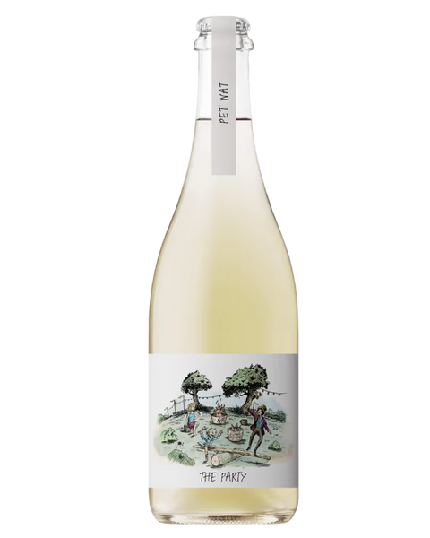 A bottle of SeeSaw Incubator The Party Petnat with a pale yellowish-cream liquid, featuring a white label with a black and green tree illustration and a silver foil seal at the neck, set against a plain white background.