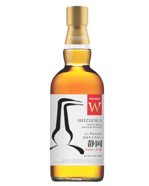 A bottle of Shizuoka Prologue W single malt Japanese whisky with amber liquid, a gold cap, and a white label with black and red graphics, isolated on a white background.