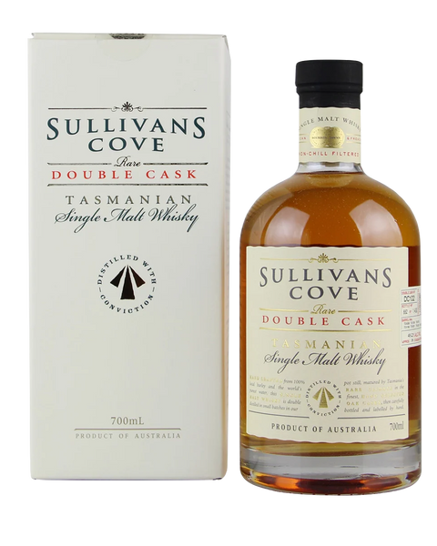 Sullivans Cove Tasmanian Single Malt Double Cask whiskey bottle and box on a white background
