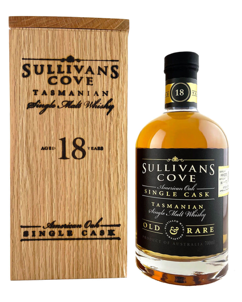 Sullivan's Cove Tasmanian Single Cask 18 Year Old whisky bottle next to its wooden presentation box, both featuring black and gold branding on a white background.