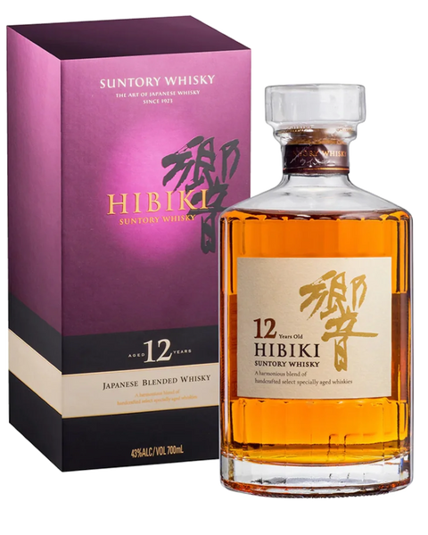 A bottle of Suntory Whisky Hibiki 12 Years Old Japanese Blended Whisky next to its purple and black packaging box, set against a plain white background.