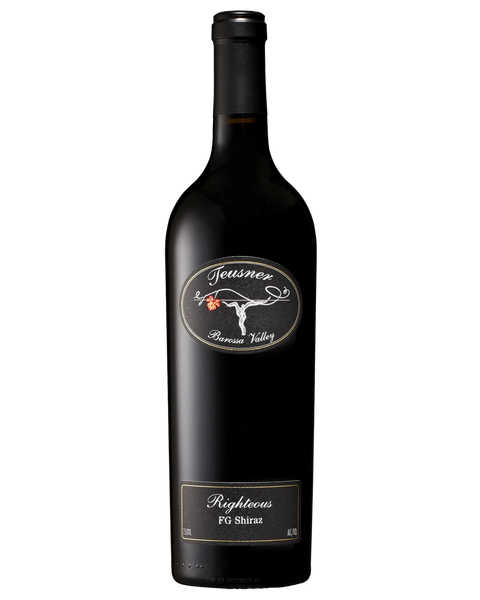 A bottle of Teusner Righteous FG Shiraz red wine, featuring a black glass bottle with a black label and a central oval logo on a white background.