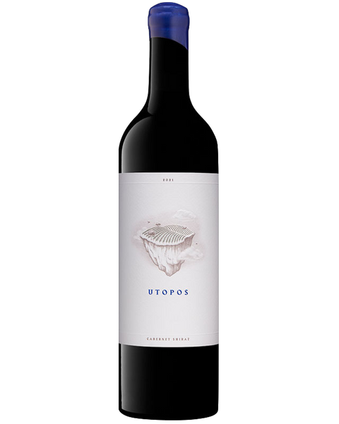A bottle of Utopos Cabernet Shiraz red wine, featuring a dark glass bottle with a white label and a blue foil seal on the neck, set against a plain white background.