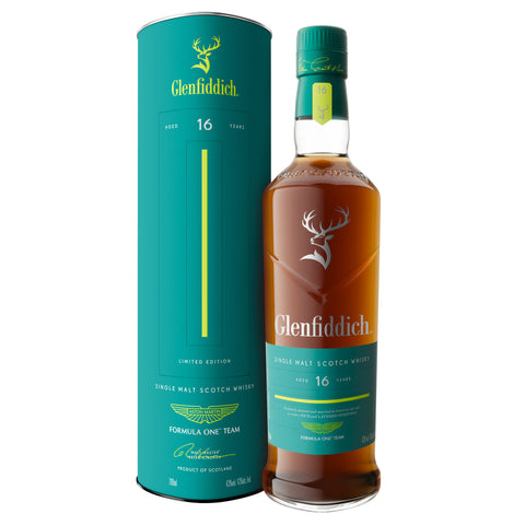 Glenfiddich 16 Aston Martin whisky bottle and packaging on a white background