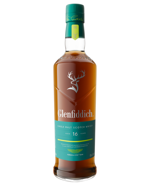 A bottle of Glenfiddich 16 Years Single Malt Scotch Whisky on a plain white background. The bottle is filled with amber whisky and features a teal and white label with the brand's deer logo and a green cap. This is the Glenfiddich 16 Aston Martin F1 Edition