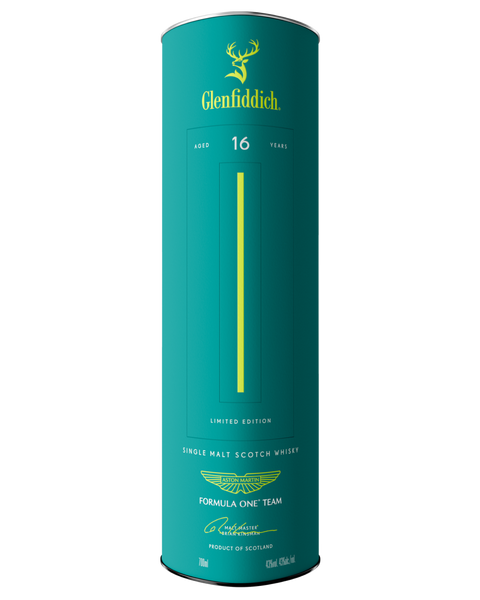 A tall cylindrical tin of Glenfiddich 16 Years Single Malt Scotch Whisky Aston Martin F1 Edition. Featuring a teal design with yellow text and a vertical yellow stripe, on a white background.